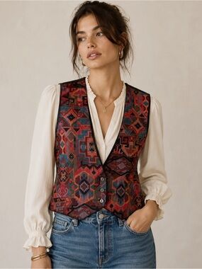 VTG Deborah Murray Women Geometric Aztec Tribal Tapestry Vest SMALL Boho Country